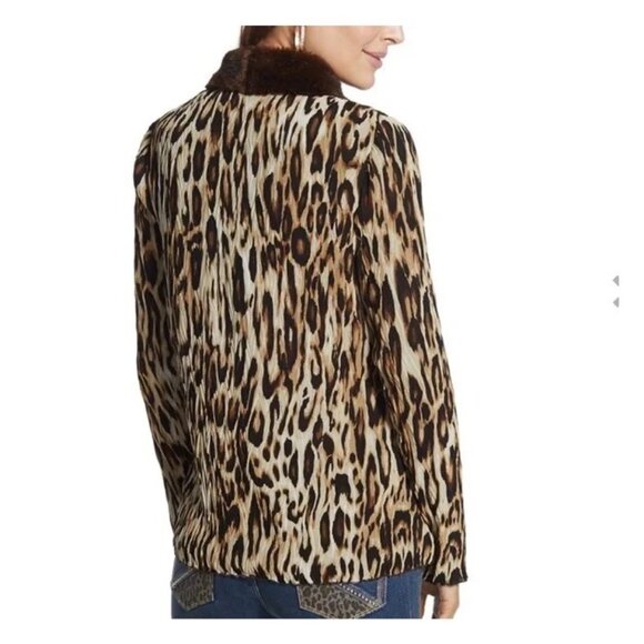 Chico's Cardigan Med Cheetah Brown Beige Black Faux Fur Trim Preppy - Picture 4 of 6